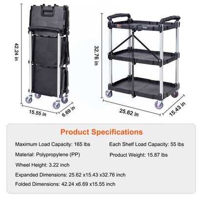 VEVOR 3-Tier Foldable Utility Cart – 75kg (165lbs) Heavy-Duty Rolling Service Cart with Lockable Wheels