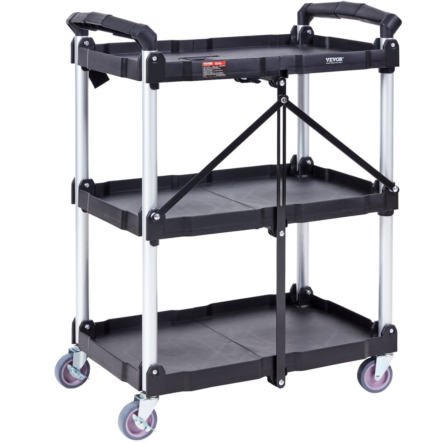 VEVOR 3-Tier Foldable Utility Cart – 75kg (165lbs) Heavy-Duty Rolling Service Cart with Lockable Wheels