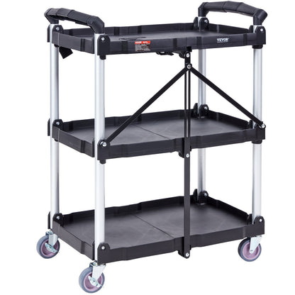 VEVOR 3-Tier Foldable Utility Cart – 75kg (165lbs) Heavy-Duty Rolling Service Cart with Lockable Wheels