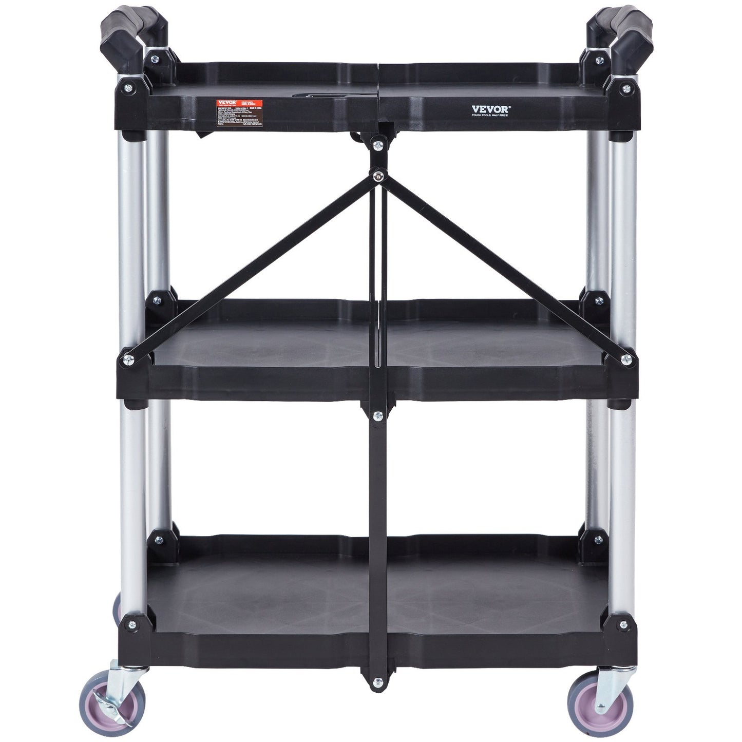 VEVOR 3-Tier Foldable Utility Cart – 75kg (165lbs) Heavy-Duty Rolling Service Cart with Lockable Wheels