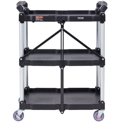 VEVOR 3-Tier Foldable Utility Cart – 75kg (165lbs) Heavy-Duty Rolling Service Cart with Lockable Wheels