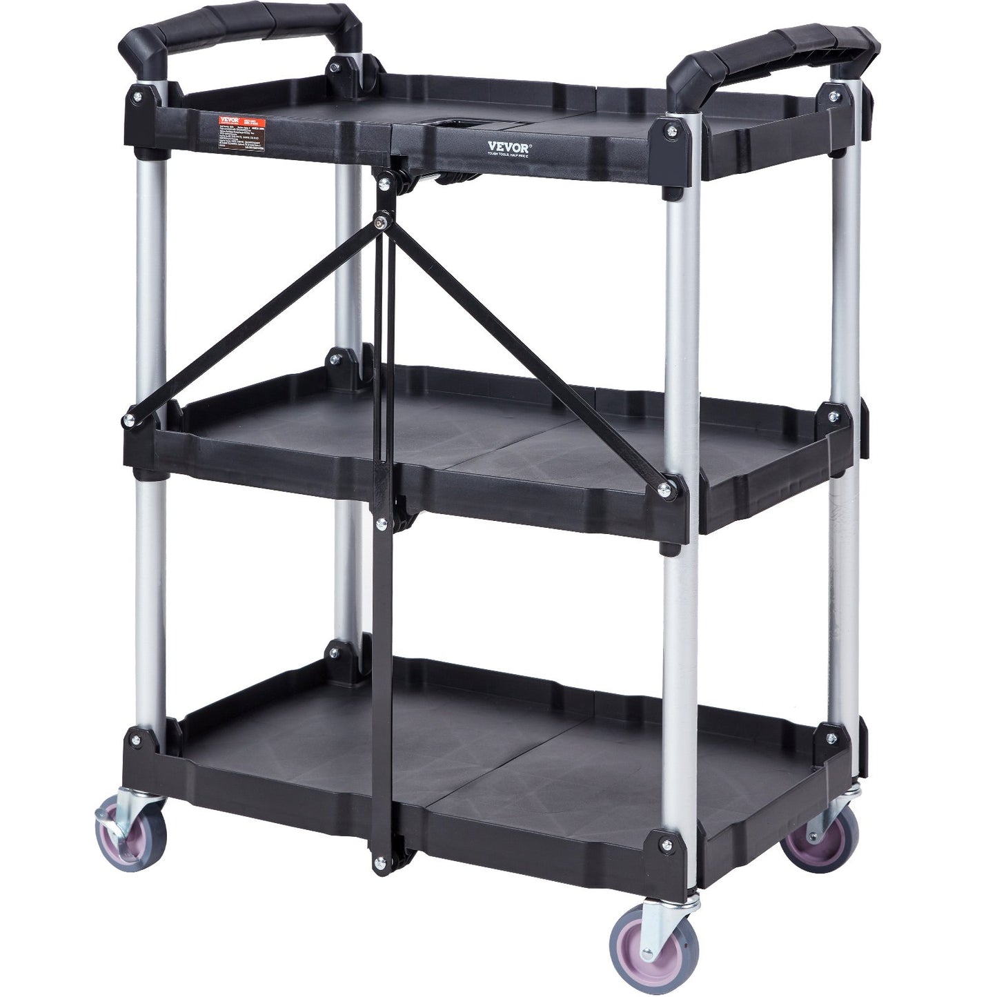 VEVOR 3-Tier Foldable Utility Cart – 75kg (165lbs) Heavy-Duty Rolling Service Cart with Lockable Wheels
