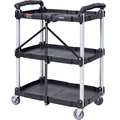 VEVOR 3-Tier Foldable Utility Cart – 75kg (165lbs) Heavy-Duty Rolling Service Cart with Lockable Wheels